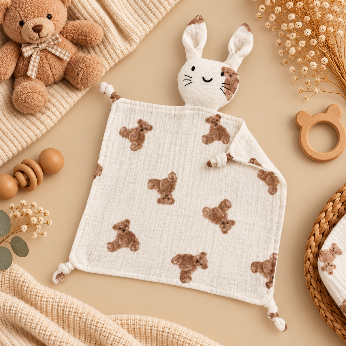 Doudou bébé lapin en mousseline de coton – Doux et réconfortant 🤍