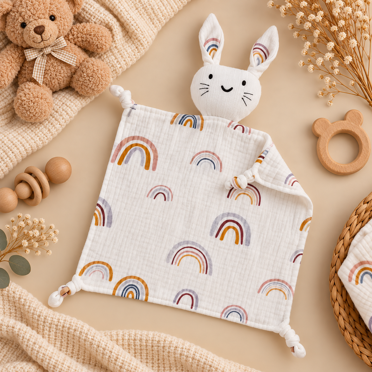 Doudou bébé lapin en mousseline de coton – Doux et réconfortant 🤍