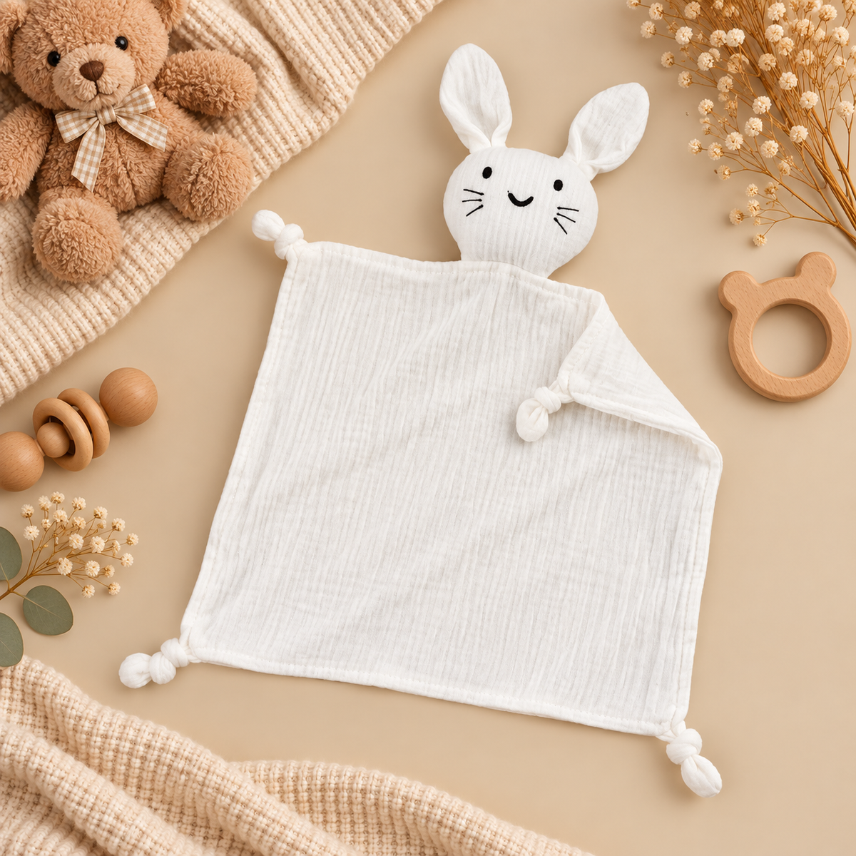 Doudou bébé lapin en mousseline de coton – Doux et réconfortant 🤍