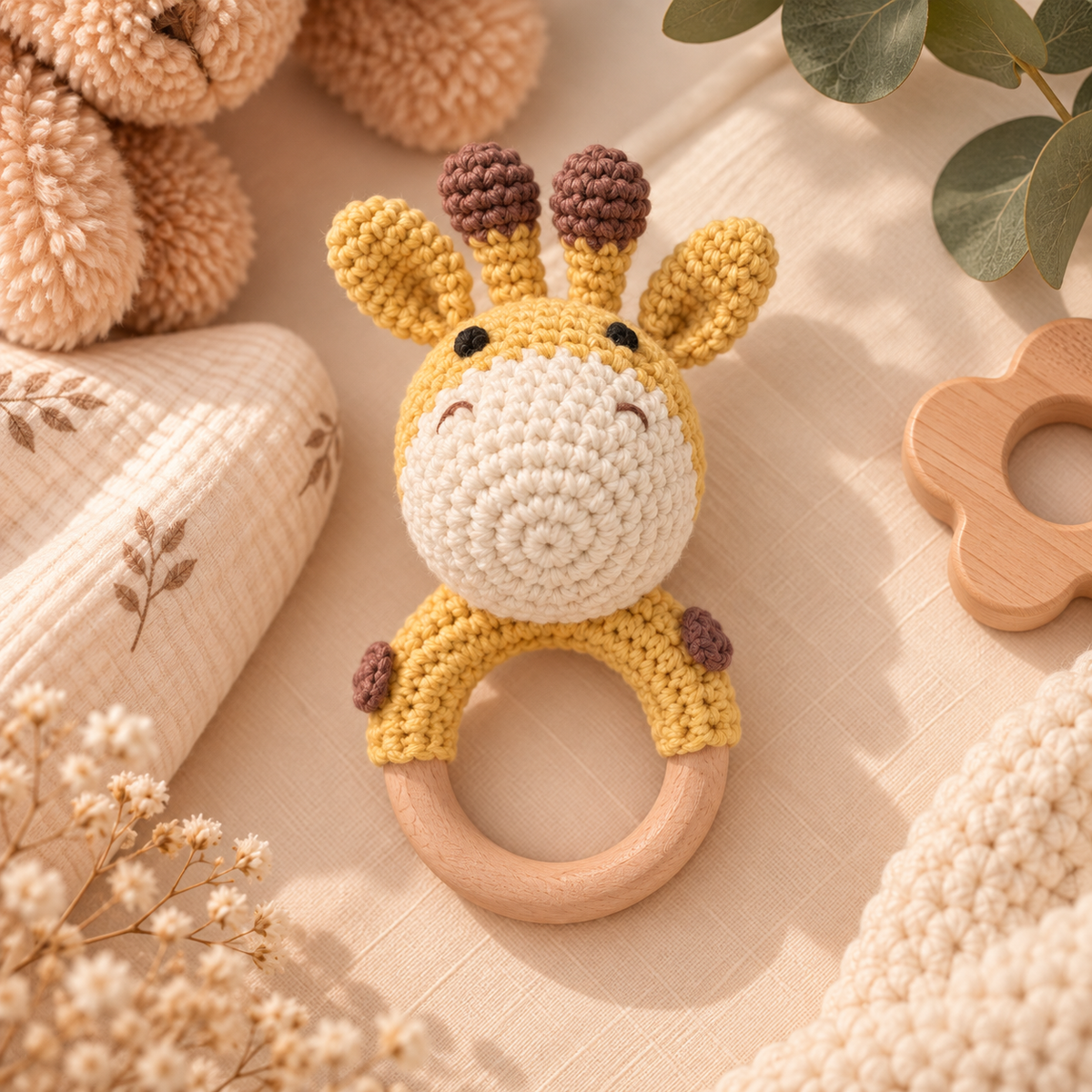 Hochet de dentition bébé en bois & crochet – Animaux 🧸