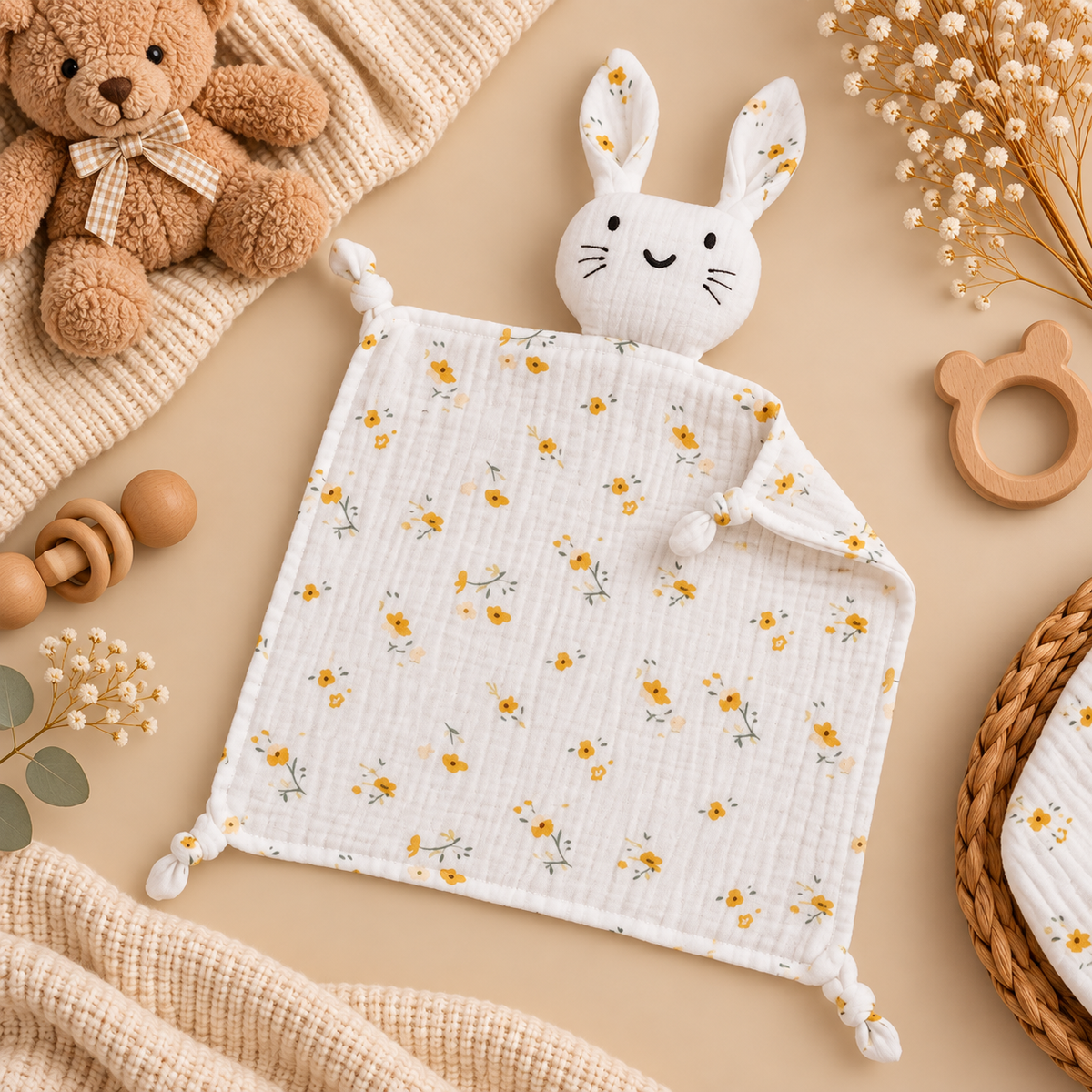 Doudou bébé lapin en mousseline de coton – Doux et réconfortant 🤍