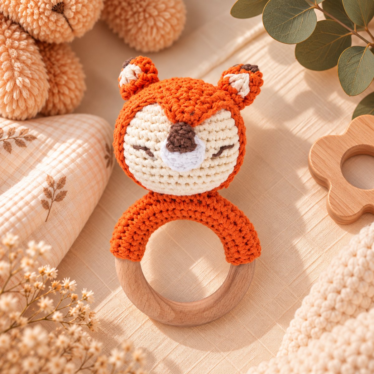 Hochet de dentition bébé en bois & crochet – Animaux 🧸