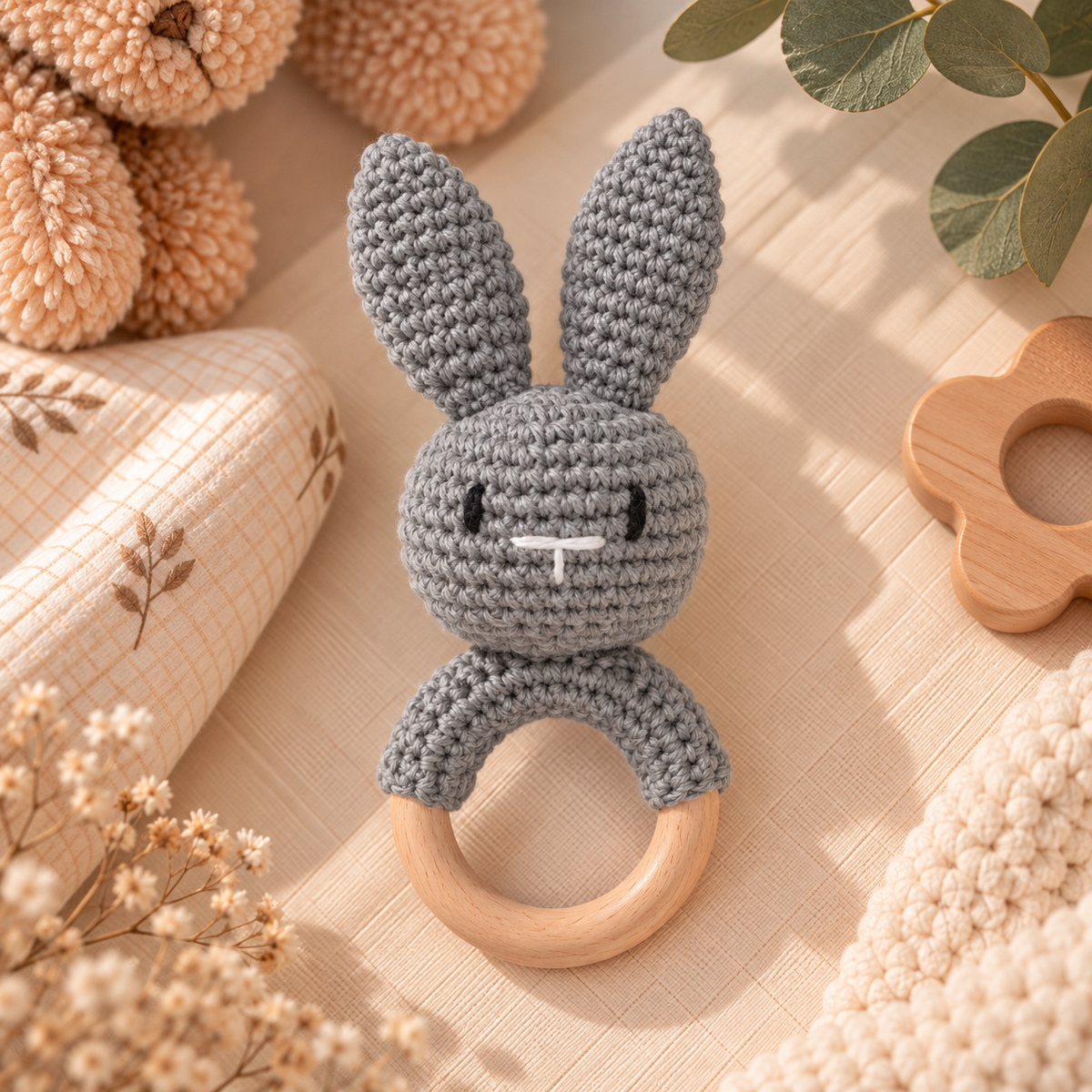 Hochet de dentition bébé en bois & crochet – Animaux 🧸