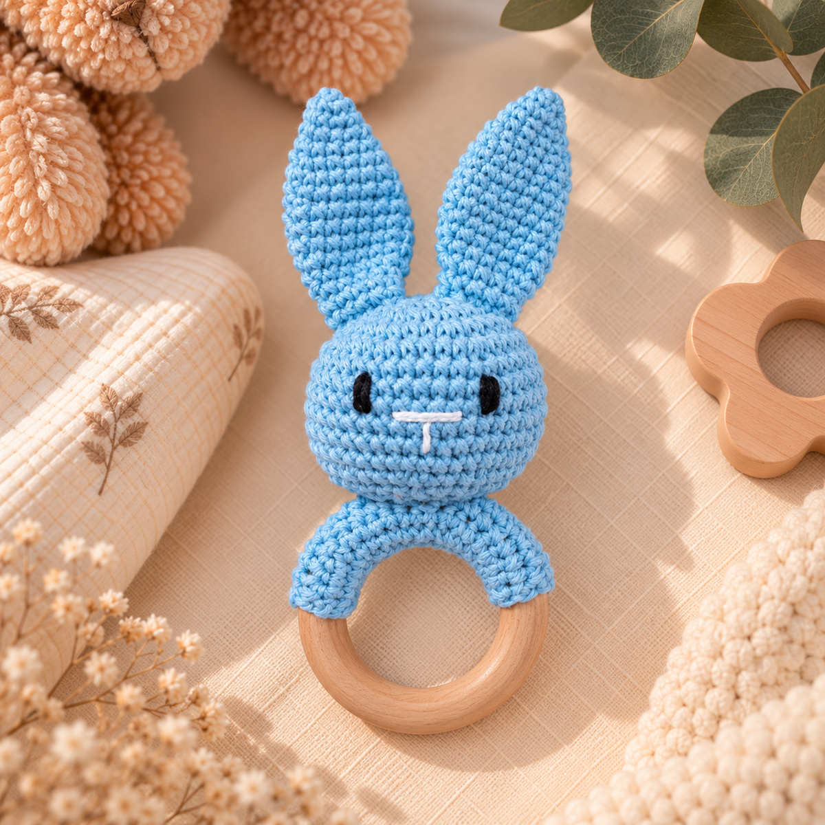 Hochet de dentition bébé en bois & crochet – Animaux 🧸
