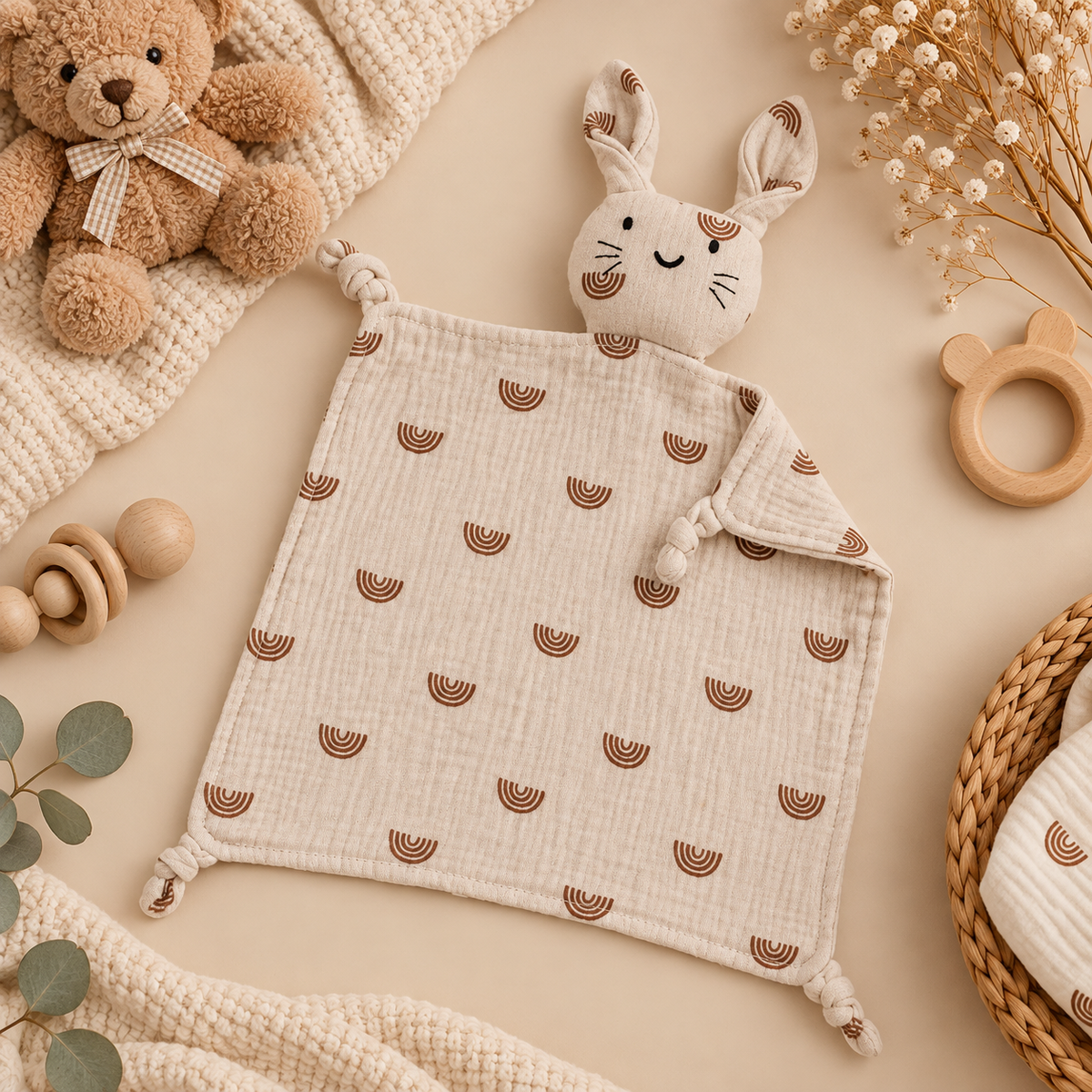 Doudou bébé lapin en mousseline de coton – Doux et réconfortant 🤍