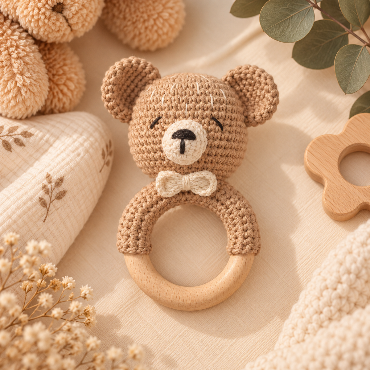 Hochet de dentition bébé en bois & crochet – Animaux 🧸