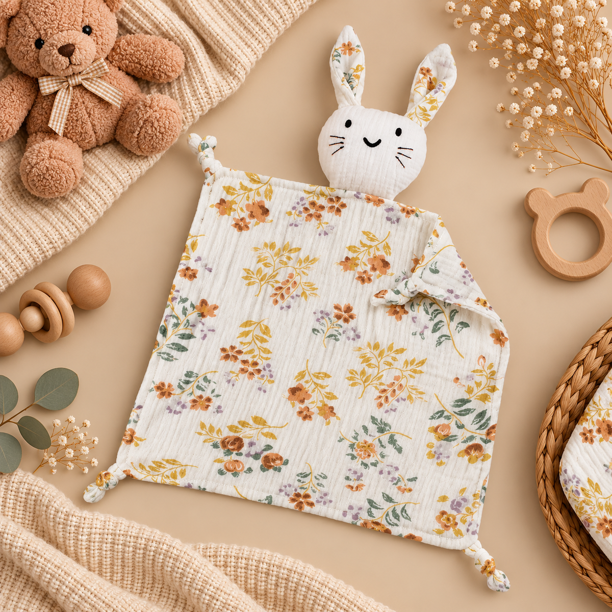Doudou bébé lapin en mousseline de coton – Doux et réconfortant 🤍