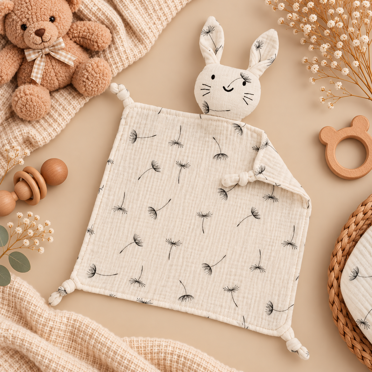Doudou bébé lapin en mousseline de coton – Doux et réconfortant 🤍
