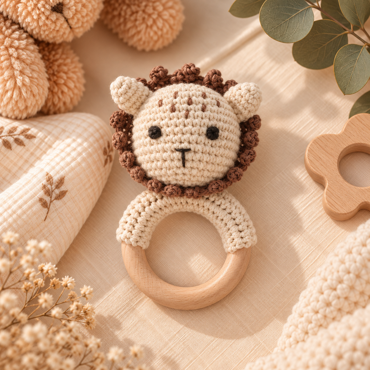 Hochet de dentition bébé en bois & crochet – Animaux 🧸