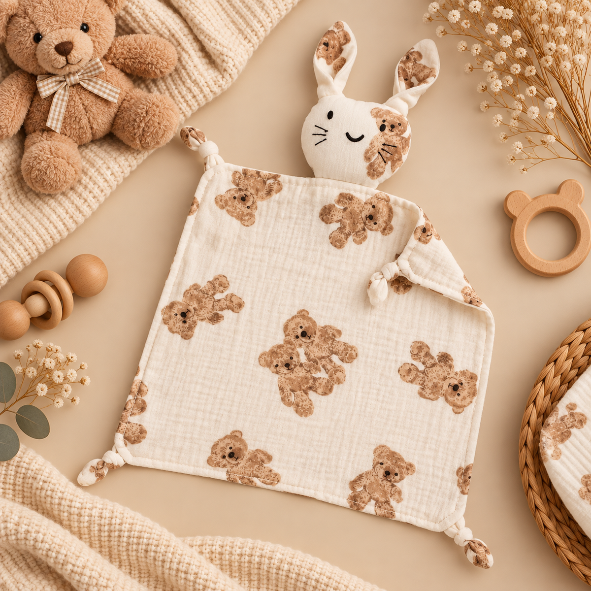 Doudou bébé lapin en mousseline de coton – Doux et réconfortant 🤍