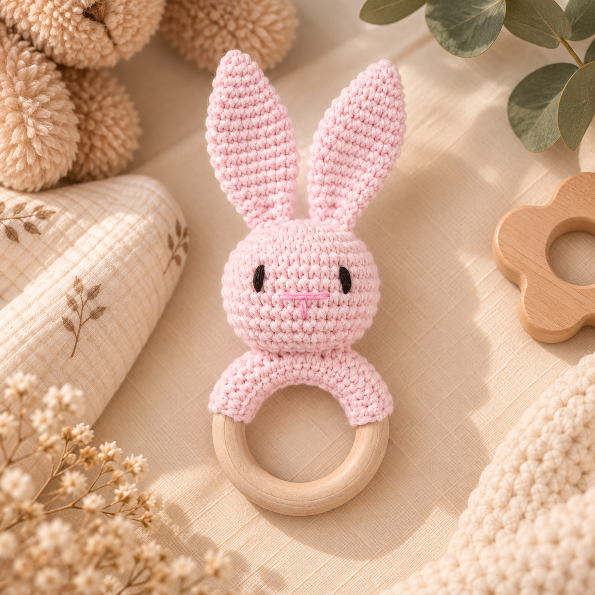 Hochet de dentition bébé en bois & crochet – Animaux 🧸