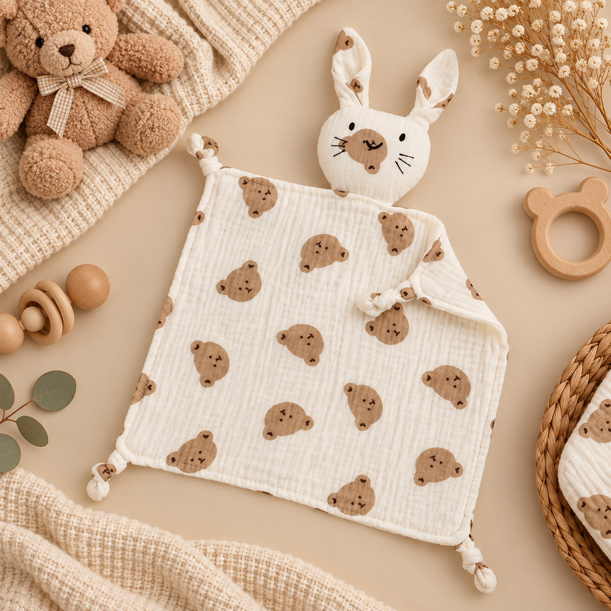 Doudou bébé lapin en mousseline de coton – Doux et réconfortant 🤍