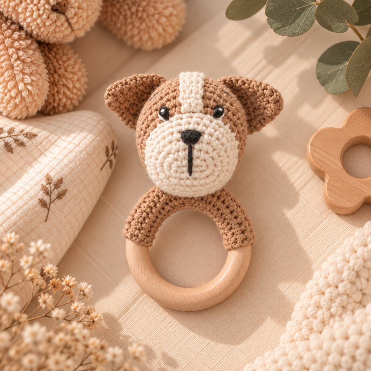 Hochet de dentition bébé en bois & crochet – Animaux 🧸