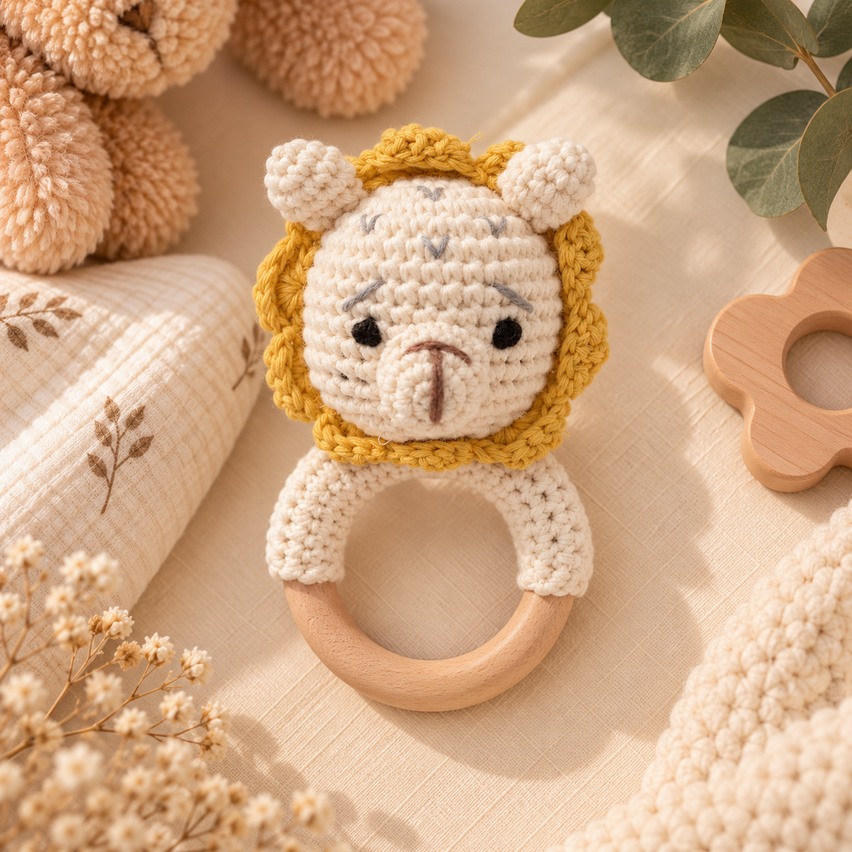 Hochet de dentition bébé en bois & crochet – Animaux 🧸