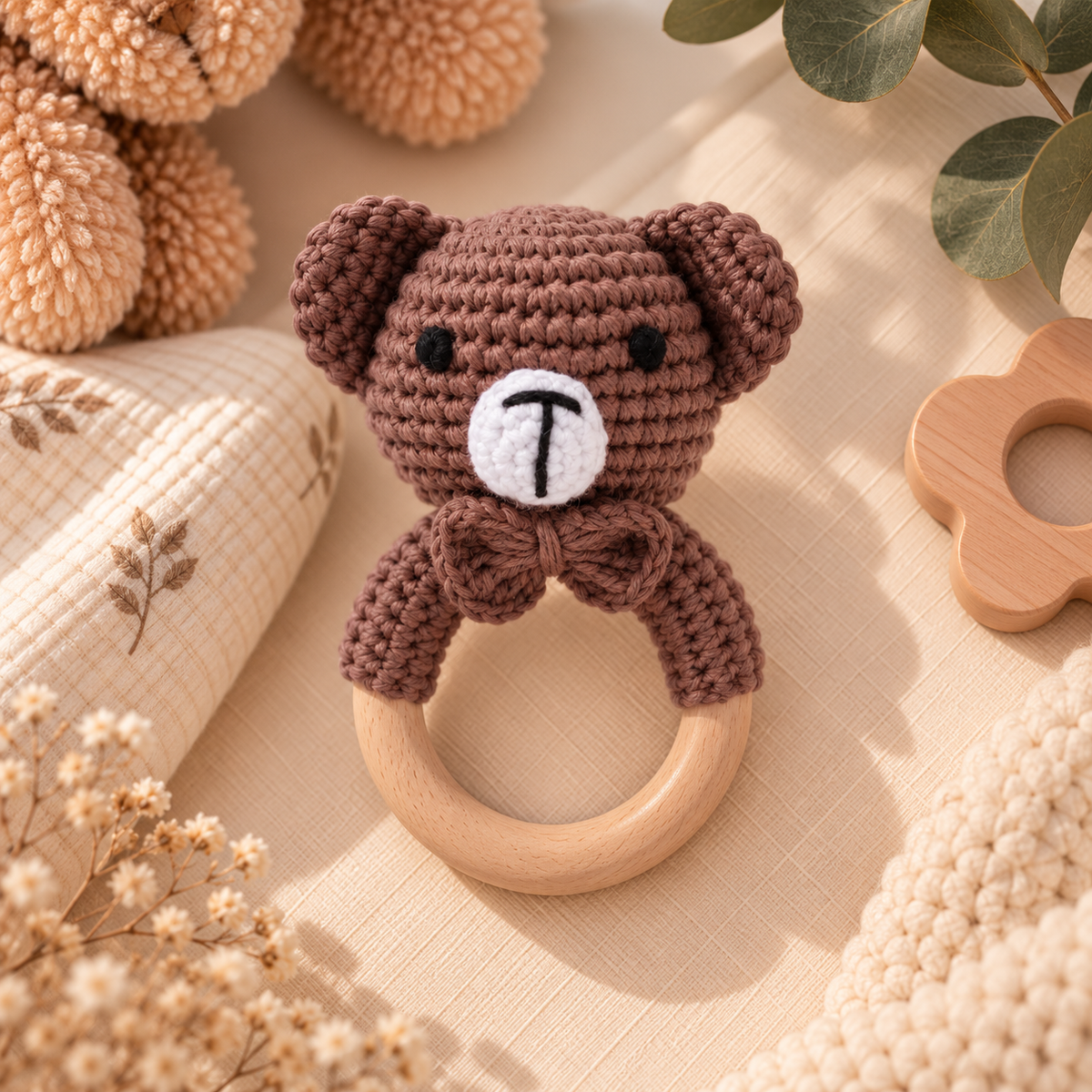 Hochet de dentition bébé en bois & crochet – Animaux 🧸