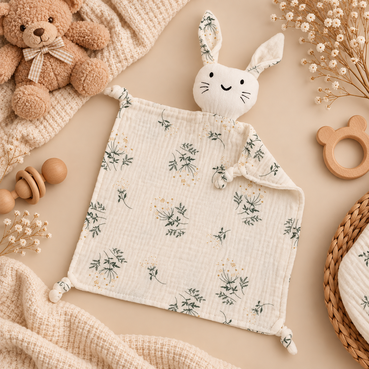 Doudou bébé lapin en mousseline de coton – Doux et réconfortant 🤍