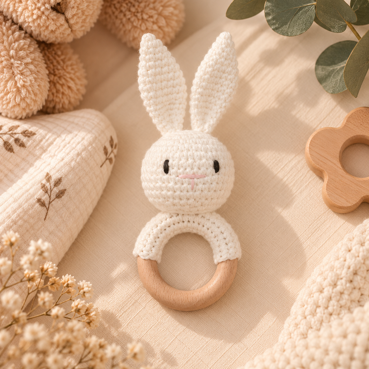 Hochet de dentition bébé en bois & crochet – Animaux 🧸
