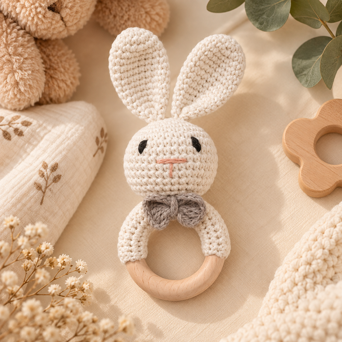 Hochet de dentition bébé en bois & crochet – Animaux 🧸