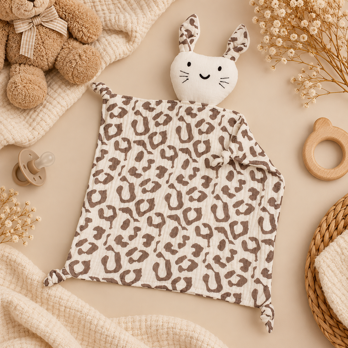Doudou bébé lapin en mousseline de coton – Doux et réconfortant 🤍